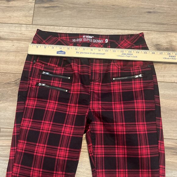 Hot Topic Denim High Rise Super Skinny Pants SZ 9 Black Red Plaid - Picture 4 of 13